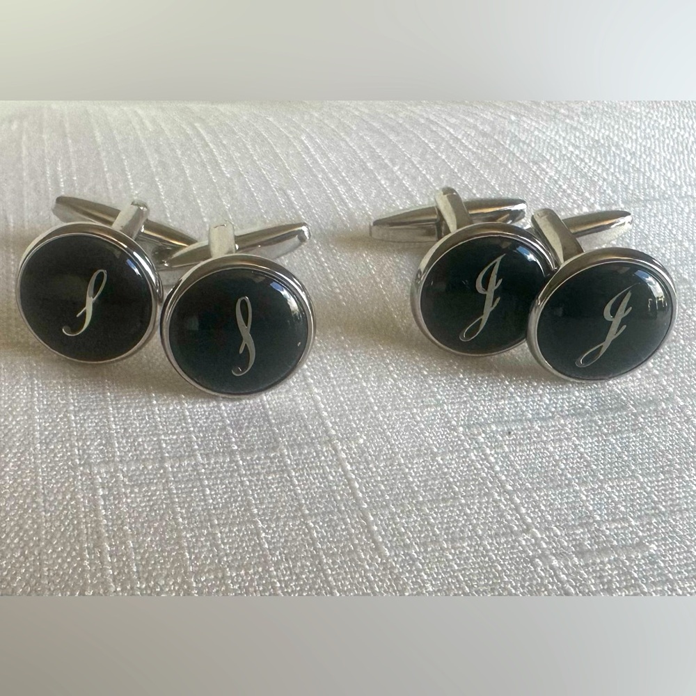 Round Engraved Silver Letters Initial “S” and “J” Cufflinks.